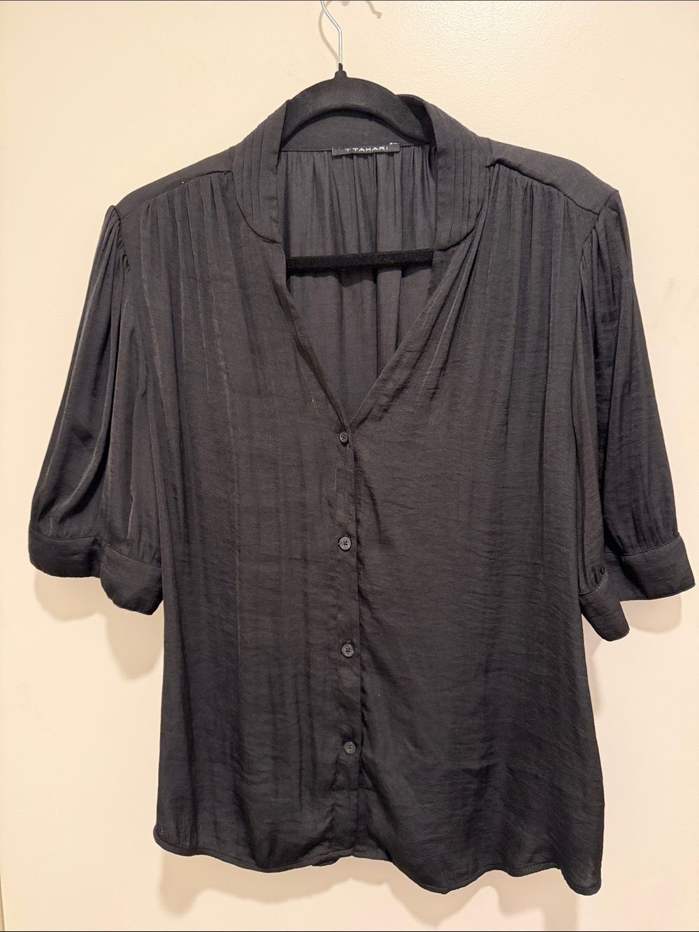 T Tahari Black Short-Sleeve Button-Down Blouse